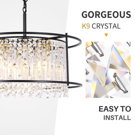 KINGTORO Black Crystal Chandelier for Dining Room, 24" Modern Foyer Lighting Fixture,Adjustable Chain Length, Ceiling Drum Pendant Light Fixture for Kitchen Island Entryway Foyer Hallway Living Room