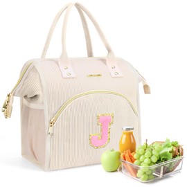 Lunch Bag Women Reusable Insulated Lunch Box, Preppy Initials Lunchbox, Leakproof Large Adults Lunch Tote Cooler Bags for Working, Outdoor Picnic, Hiking-Birthday Gifts (Beige J)