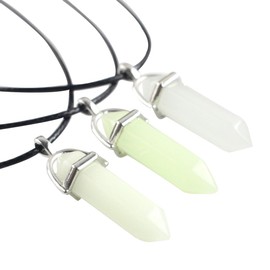 Healvian 3pcs Luminous Hexagonal Crystal Stone Pendant Necklace with Leather Chains Fluorescent Blue Green and Blue Green Choker for Unique Jewelry and Special Occasions