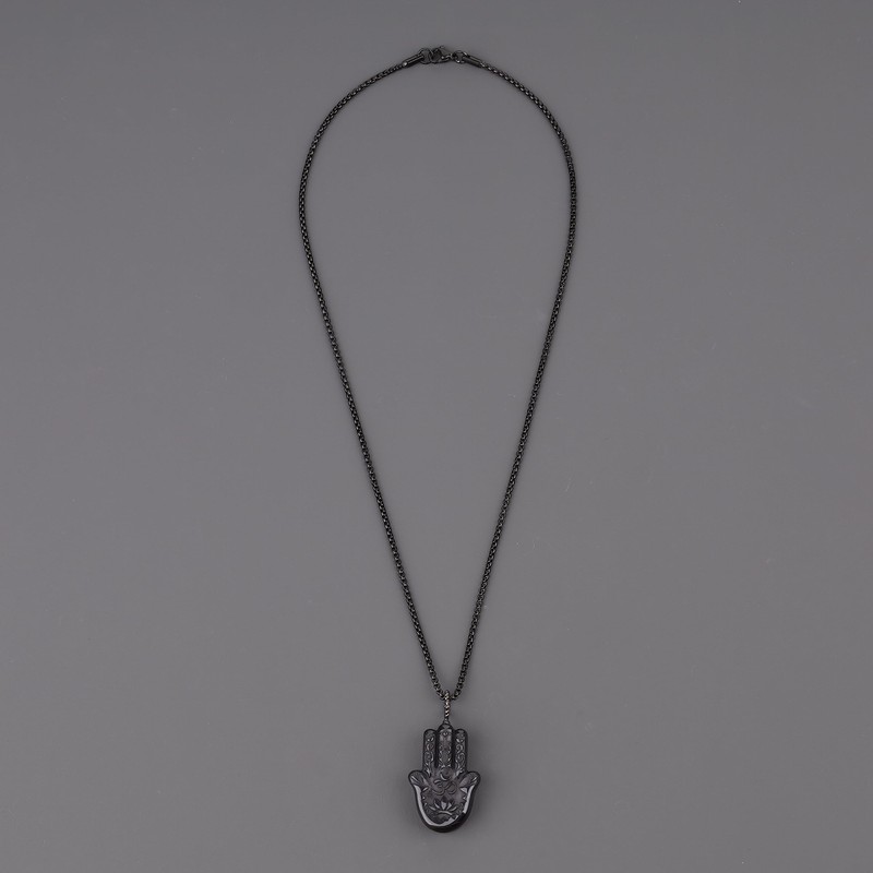 COAI Unisex long chain Hamsa hand pendant made of obsidian,
