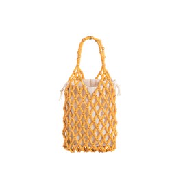 CORIOS Women's Woven Handbag Bohemian Tote Bag Retro Bucket Bags Summer Beach Bag Knitted Bag Wooden Beads Handbag Openwork Tote Bag for Travel Holiday Beach, yellow