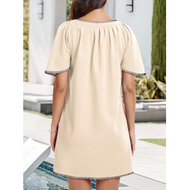 HOULENGS Women's Summer Ruffle Short Sleeve A Line Mini Dress Casual Contrast Trim V Neck Short Dress with Pockets Apricot Small