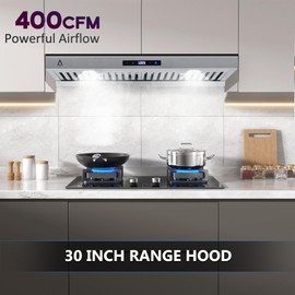 GarveeTech 30 Inch Under Cabinet Range Hood, 400 CFM, 3 Speed Exhaust Fan, Stainless Steel Kitchen Vent, Touch Screen, LED Lights, Dishwasher Safe Baffle Filter