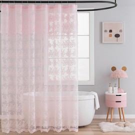 TUDECO Pink Shower Curtain - Shabby Chic Lace Floral Girly Cute Shower Curtain with Attach Valance, Sheer Vintage Coquette Aesthetic Bathroom Curtain, Scalloped Edge Top, 72 x 72 Inch, Light Pink