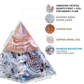 Rainbow Moonstone Orgonite Pyramid for Joy, Intuition and Spiritual Awareness | Orgonite Orgone Crystal pyramid with Copper Coil and Crystal Quartz for Chakra Protection (Rainbow Moonstone)