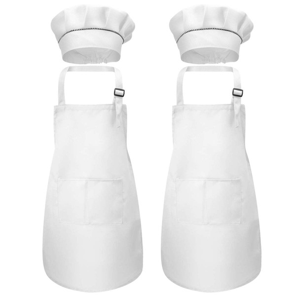 Zsanhua 4 Pcs White Kids Apron and Chef Hat Set, Boys Girls Adjustable Aprons with 2 Pockets, Children Chef Apron Toddler Kitchen Garden Bib Aprons for Cooking Crafting Painting Baking (7-13 Year)