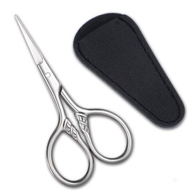 Stainless Steel Small Scissors with Textured Handle,3.5inch Mini Professional Grooming Scissors, Multi-Purpose Vintage Beauty Grooming Kit for Facial Hair, Eyebrows, Eyelashes, Nose, PU Leather Case