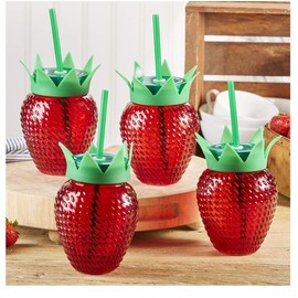 Two's Company Strawberry Drinking Glasses with Lids and Straws, Set of 4