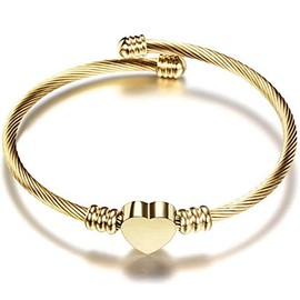 Stainless Steel Adjustable Cable Wire Heart Charm Bangle Bracelet Anniversary (Gold)