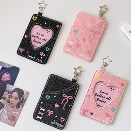 SZHTSWU 2Pcs Denim Heart Cutout 3 Inch Card Holder with Keychain, Photo Card Protector Portable ID Badge Case Protective Sleeves Card Cover Star Photocard for Bag Pendant Decor, Pink Black