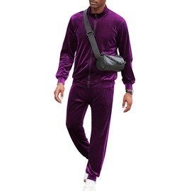 LecGee Mens 2 Piece Outfits Full Zip Velvet Long Sleeve Tracksuit Velour Casual Jogging Zipper Sweatsuit Set(Purple,Medium)