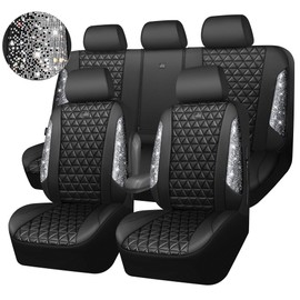 CAR PASS CAR PASS Bling Diamond Leather Car Seat Covers Full Seats Interior Sets, Waterproof Shining Glitter Sparkly Crystal Universal Armrest Fit Automotive Truck SUV Cute Women Girl, Black Silver Rhinestone