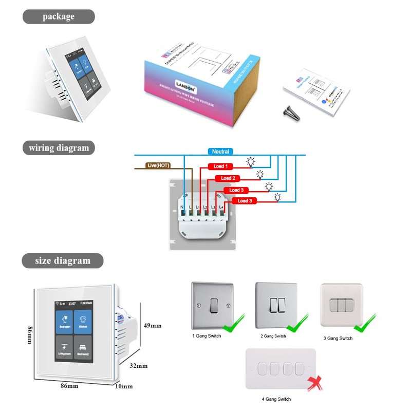 LANBON L8-HS4 LCD 4 Gang Smart Light Switch with Tuya