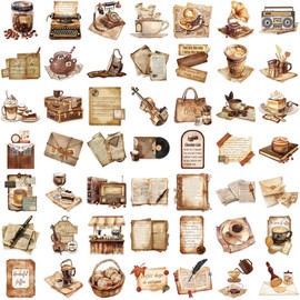 Pegatinas Retro de Café, 50 Piezas, Estilo Vintage, Tema Café, para Cuaderno, Botella de Agua y Álbum, 5.55 x 5.18 cm