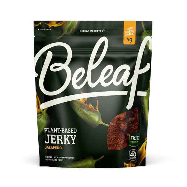 BELEAF Jalapeño Vegan Jerky | Carne caliente a base de plantas | Delicioso sustituto de carne | Bajo en carbohidratos, sin OMG, sin lácteos, proteína vegetal | Ingredientes naturales | Snack saludable picante | 7 onzas