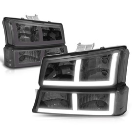 PM PERFORMOTOR Headlights Assembly Compatible with 2003-2007 Chevy Silverado Avalanche, 4Pcs Headlamps with F-Style LED DRL Bumper Lamps/Clear Corner