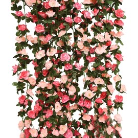 PARTY JOY - 8 guirnaldas de flores de 65.6 pies, flores artificiales de vid rosa para colgar en la habitación, decoración de pared, cestas colgantes de boda, arco de jardín, decoración de fondo (rosa, 8 unidades)