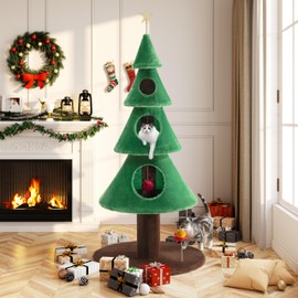 Allewie 63 Inches Cat Tree for Indoor Kitty/Tower with 3 Condos/ 5ft Christmas Tree Party Decoration/Activity Center Play House and Beds/Green