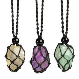 Anjiucc Natural Raw Gemstone Crystal Pendant Necklace Stone Holder Necklace Cord Hand-Woven Necklace with Adjustable Length for Women Men（3 PCS Amethyst+ Citrine+ Green Fluorite）