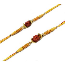 SWARA ONLINE Set of 2 Yellow Red Rudraksha Design Thread Bracelet (Rakhi) for Brother/Friend/Men/Women/Girl/Boys Wrist Thread Bracelet by Pure Cotton Threads Wooden Beads