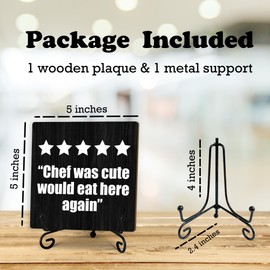 5" Funny Wooden Sign With Metal Stand -Chef Was Cute Would Eat Here Again Kitchen Dining Room Wood Plaque, Gift For Women & Men, Home & Office Desk Decor & Accessories - C12