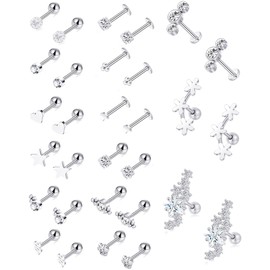 Tornito 30Pcs Cartilage CZ Stud Earrings Conch Forward Helix Tragus Daith Piercing Lip Rings Snake Heart Butterfly Jewelry for Women Men 16G Silver Gold Tone