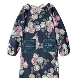 Aiuzonsky Women's Long Sleeve Apron, Cooking Gown, Smock, Nursery Teacher, Care Worker, Gardening, Cooking Classroom, Light and Smooth, Easy to Move, For Kitchen Cooking, Cute, Floral Pattern, navy