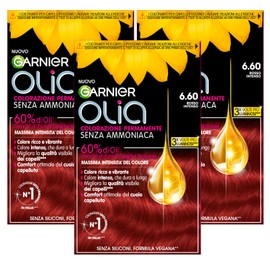 Garnier Olia Permanent Hair Dye, Ammonia-Free, Coloring with Natural Flower Oils with Brightening and Nourishing Effects, Color 6.60, Intense Red, 3 Packs