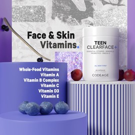 Codeage Codeage Teen Clearface Adolescent Face, Skin & Pimples, Vitamins A, C, D3, E, Pantothenic Acid, Niacin, Zinc Supplement Teenagers, Probiotics, L-Lysine, Omega-3, Oily Skin, Pores, Spots - 2 Pack