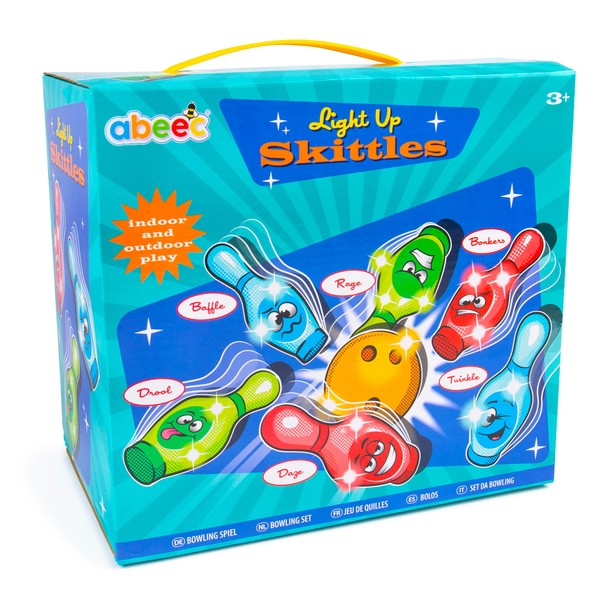 abeec Light Up Skittles - Skittles Bowling Set for Kids 3+ - Skittles Game for Kids with Facial Expressions and LED Flashing Lights Inside Including 1 Ball