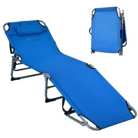 Adjustable Outdoor Patio Beach Folding Chaise Lounge Chair Bed Portable Cot for Comfortable RelaxationColor: Blue Color