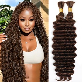 Human Braiding Hair for Boho Braids 100g 24 Inch Color 4 Brown Deep Wave Boho Bulk Human Hair for Braiding Knotless 10A Wet and Wavy Bohemian 2 No Weft Bundles/Pack Curly Braids