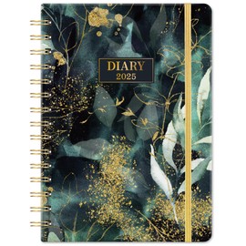 Diary 2025 - Diary 2025 Week to View from January 2025 to December 2025, Twin-Wire Binding, Hard Cover, Elastic Closure, 21.5 x 15.5 x 1.5 cm, Golden Leaf