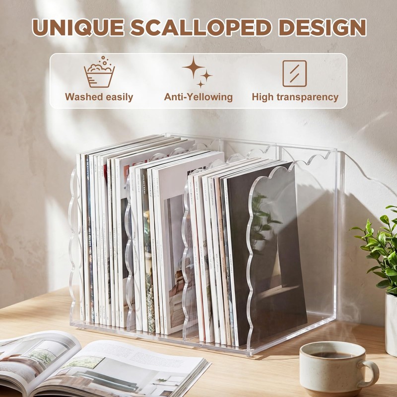 Suzile Scalloped Acrylic Magazine File Holder, 3-Compartment 4mm Thick, Clear