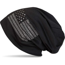 styleBREAKER 04024042 Elegant Fabric Beanie Hat in USA Flag Design with Rhinestone Studs Appliqué, Long Beanie, Unisex, black