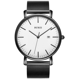 Burei Men’s Watches, Ultra Thin, Black, Minimalist Quartz with Date Display, White