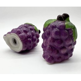 Fruit Shaped Ceramic Salt & Pepper Shaker Set with Green Leaf Tray, Set of 2, Grape