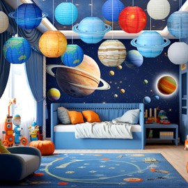 Bencailor 16 Pcs Planet Paper Lanterns Space Party Decorations Globe Hanging Lanterns Around The World Travel Themed Paper Lanterns for Christmas Classroom Decorations(Planet,11.8 in,9.8 in)