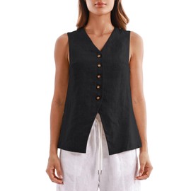 Amazhiyu Women's Suit Vest, Linen Vest, Short Sleeveless Linen Vest, Elegant V-Neck Button Down Vintage Jacket, black, L