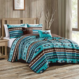 Linen Mart Southwestern Turquoise Tan Aztec Coverlet - 5 Piece Set (King, Turquoise)