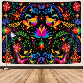 GOAOK Mexico Floral Tapestry, Colorful Mexico Flowers Bird Traditional Aesthetic Hippie Tapestries, Mexican Ornate Ethnic Pastel Plant Tapestry Wall Hanging for Bedroom Living Room 60"x40"