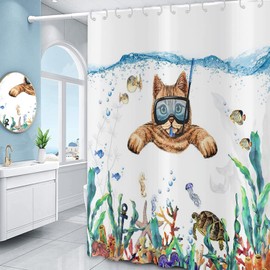 Funny Cat Shower Curtain, Cute Kitten Swimming in Teal Blue Ocean Sea Turtle Tropical Fish Jellyfish Starfish Coral Bathroom Curtain Kid Bathtub Decor Waterproof Machine Fabric Washable with Hooks
