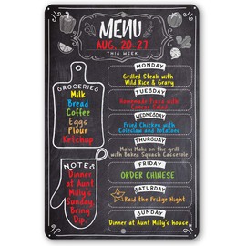 Chalkboard Style Weekly Food Menu Board for Kitchen, 8 inch by 12 inch Tin Sign Durable, Easy Hanging on Wall Dinner, Daily Chalk Menu Board for Kitchen (Markers Not Included)