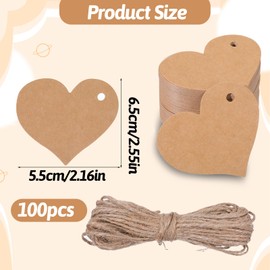 Pack of 100 Heart Gift Tags with String Kraft Paper Heart Shaped Gift Tags 6.5 x 5.5 cm Blank Pendant Party Favours Tags Gifts Packaging Label for Birthday Valentine's Day Wedding