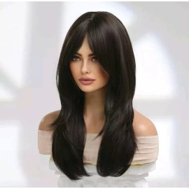 Unbranded Wig - Human Hair Blend  - Heat Resistant Dark Brown Wavy Curly Layers bangs