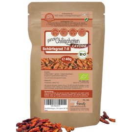 direct&friendly | Whole Organic Cayenne Chilli Peppers | Sharp Level 7-8 | 40g | Dried