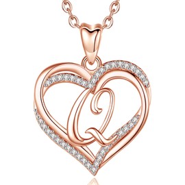 INFUSEU Initial Q Pendant, Rose Gold Letter Double Heart Necklace Cubic Zirconia CZ Name Jewellery Romantic Gifts For Women Girlfriend Wife, 20 Inch Chain