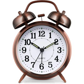 Azyh Loud Alarm Clock for Heavy Sleepers Adults, Metal 4 Inches Twin Bell Battery Operated Alarm Clocks for Bedrooms Decoration, Silent Non-Ticking, Back-to-School Gift (Red Brown)