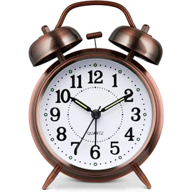 Azyh Loud Alarm Clock for Heavy Sleepers Adults, Metal 4 Inches Twin Bell Battery Operated Alarm Clocks for Bedrooms Decoration, Silent Non-Ticking, Back-to-School Gift (Red Brown)