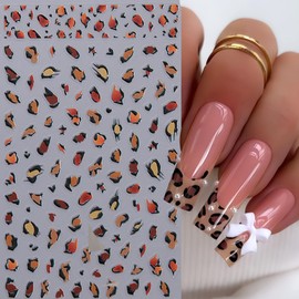 4Pcs Leopard Print Nail Art Stickers 3D-Self Adhesive Nail Stickers Brown Leopard French Nail Decals Flower Pink Green Leopard Nail Design Nail Accessories for Women Girls DIY Nail Decoration Supplies
